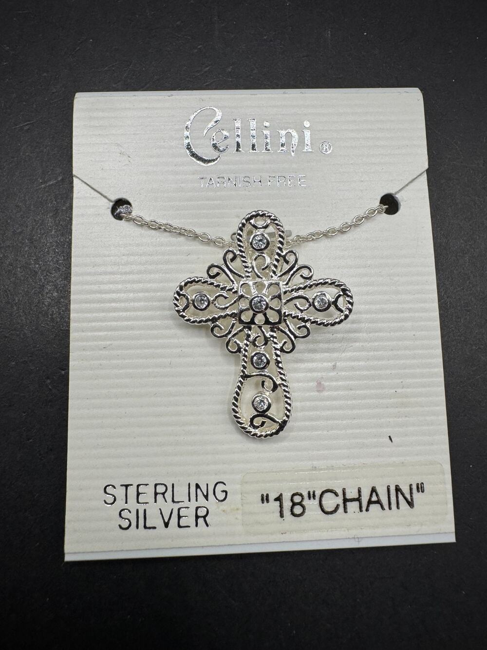 Cellini Sterling Silver 925 Filigree Cross Pendant Necklace Clear Crystals New